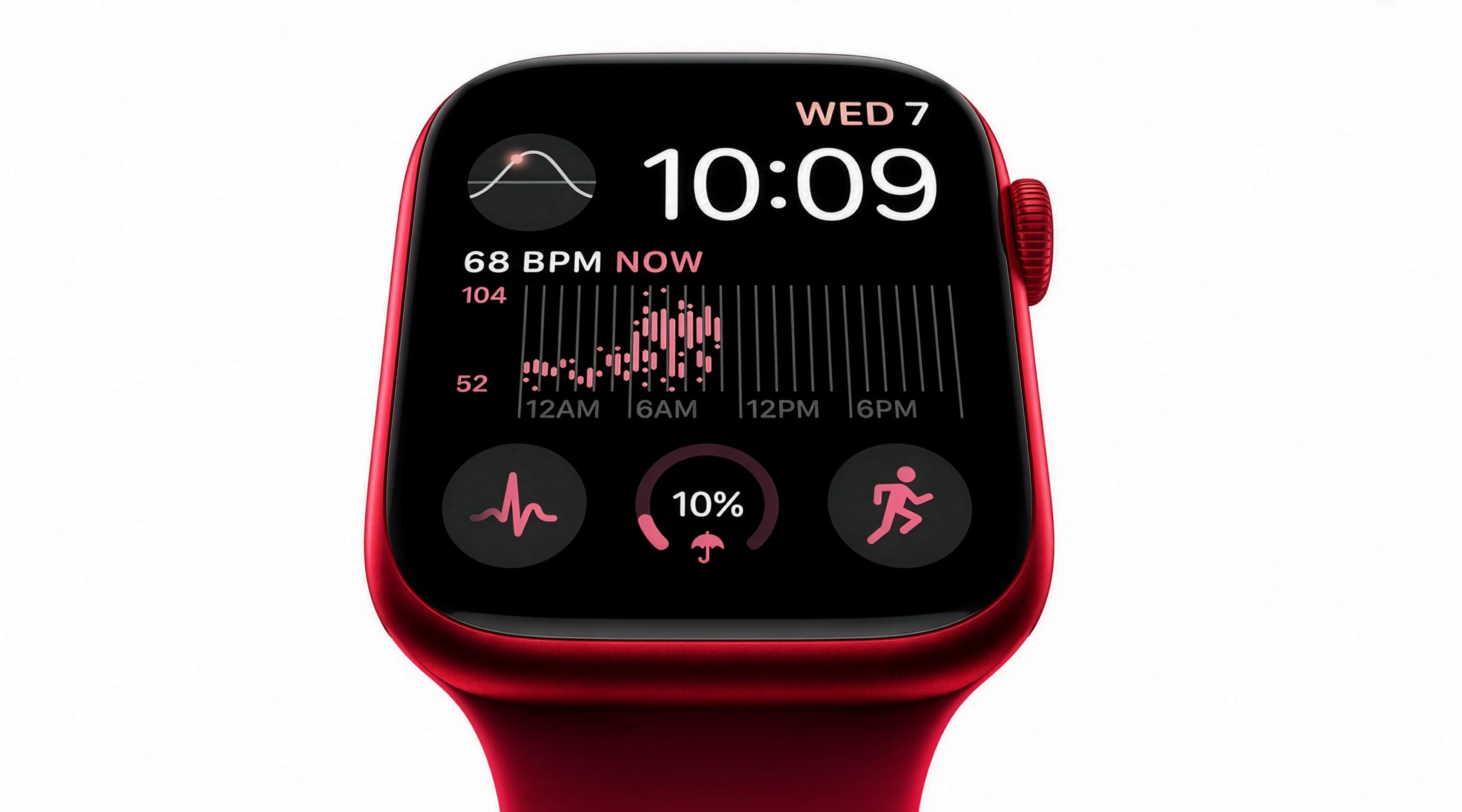 Nevora paired with a red Apple Watch, showing live heart rate on the watch face
