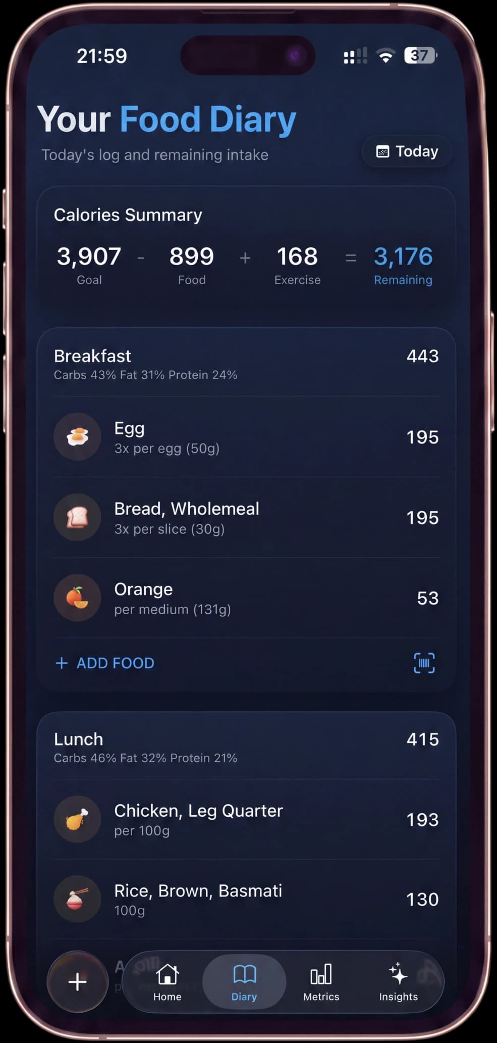 Nevora food diary on iPhone: today's calorie summary, with breakfast and lunch entries logged by item